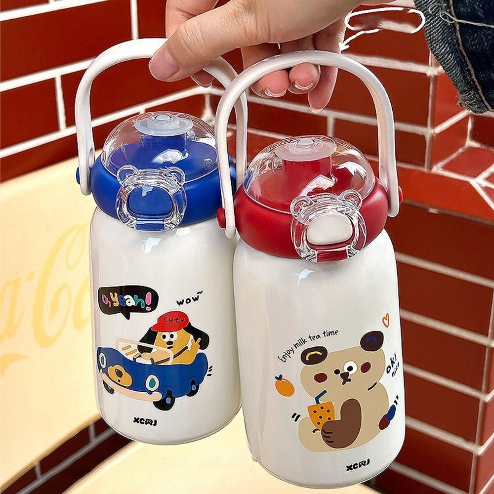 Cartoon Thermal Cup Double Drinking Straw Coffee Cup Portable Insulated Cup For Girls