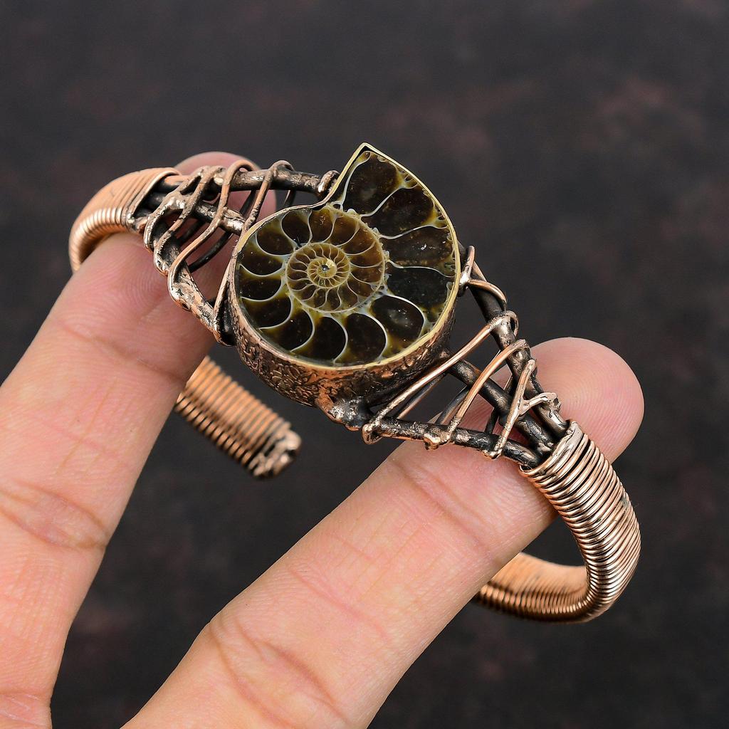 Ammonite Fossil Gemstone Cuff Bracelet Copper Wire Wrapped Bangle Adjustable Cuff Handmade Bangle Very Pretty Copper Jewelry Gifts For Women