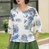 Women Casual Round Neck Summer 3/4 Sleeve Loose Print Blouse