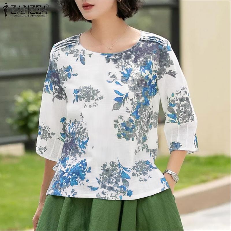 ZANZEA Women Casual Round Neck Summer 3/4 Sleeve Loose Print Blouse