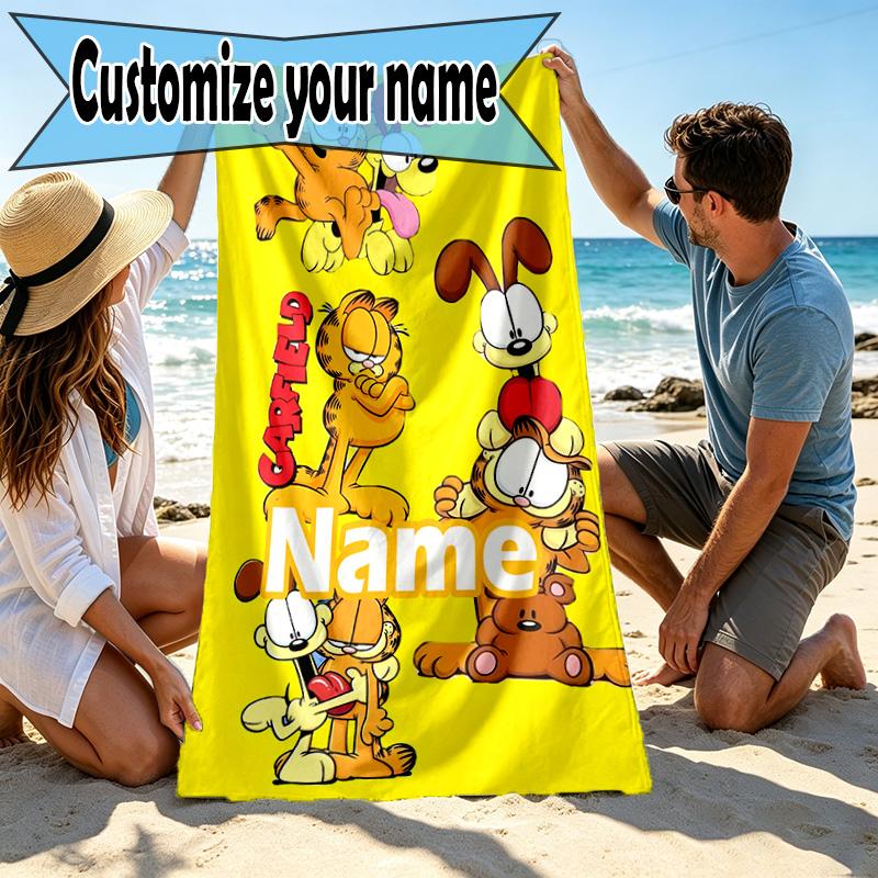 Custom Name Personalized Garfield Print Beach Towel, for Trip Camping Beach Party Home Decor, Birthday Gift for Family & Friends