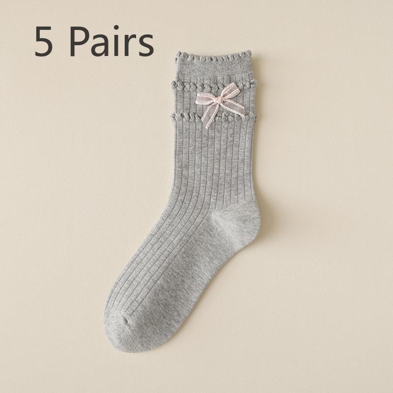 5 Pairs of Thin Solid-color Sweet Bow Mid Calf Socks for Girls In Summer