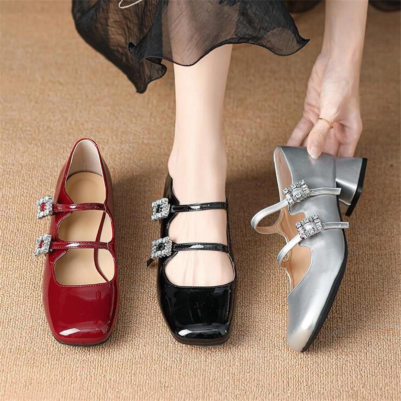 Patent Leather Women High Heel Shoes Retro Thick Heel Female Pumps 2024 Brand Shoes Female Buckle Strap  Solid Classics Pumps