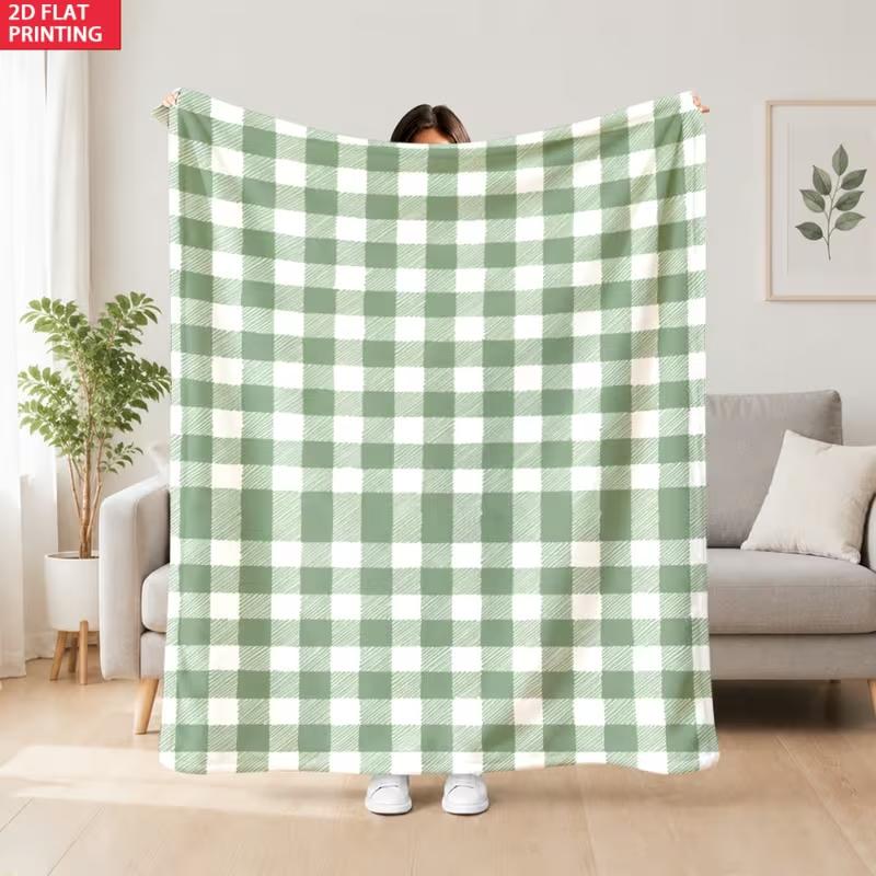 Sage Green White Buffalo Plaid Blanket Classic Gingham Check Pattern Soft Cozy Blanket Minimalist Farmhouse Sofa Bed Decor