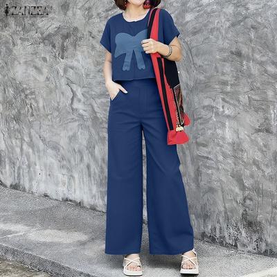 Женская блузка с коротким рукавом и цветочным принтом и брюки, повседневные костюмы-двойки