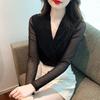 Sexy V Neck Womens Shirts Fashion Mesh Bottoming Blouse Women Long Sleeve Woman Tops Slim Office Female Clothing 30024
