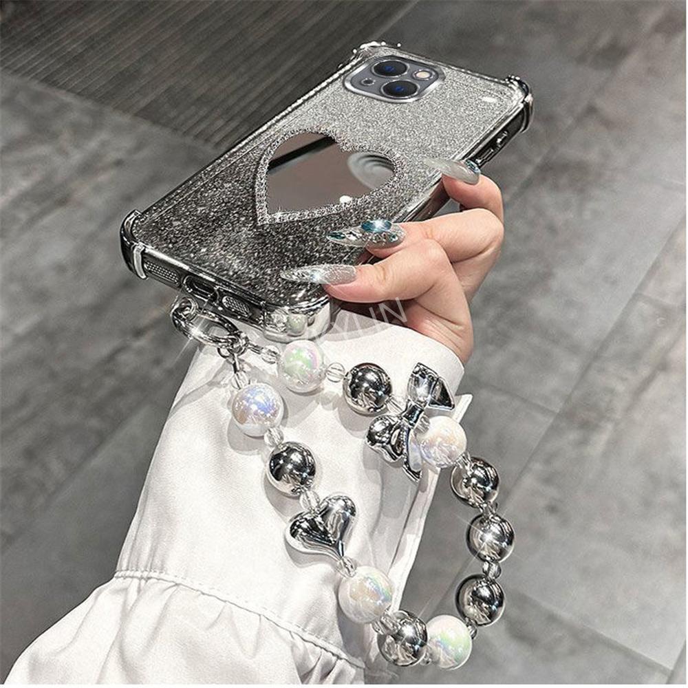 Bead Bracelet Shockproof Phone Case For Samsung A36 A16 A06 A15 A25 A35 A55 A14 A24 A34 A54 A05 Glitter Heart Mirror Soft Cover
