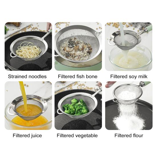 Сетчатый фильтр из нержавеющей стали 304, эргономичная ручка, мелкоячеистый фильтр, ложка, проволочный просеиватель для муки, металлический дуршлаг, скиммер, кухонные принадлежности