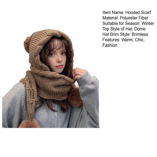 Комплект шапка и шарф 2 в 1 Зимний вязаный шарф с капюшоном Мягкий теплый вязаный крючком