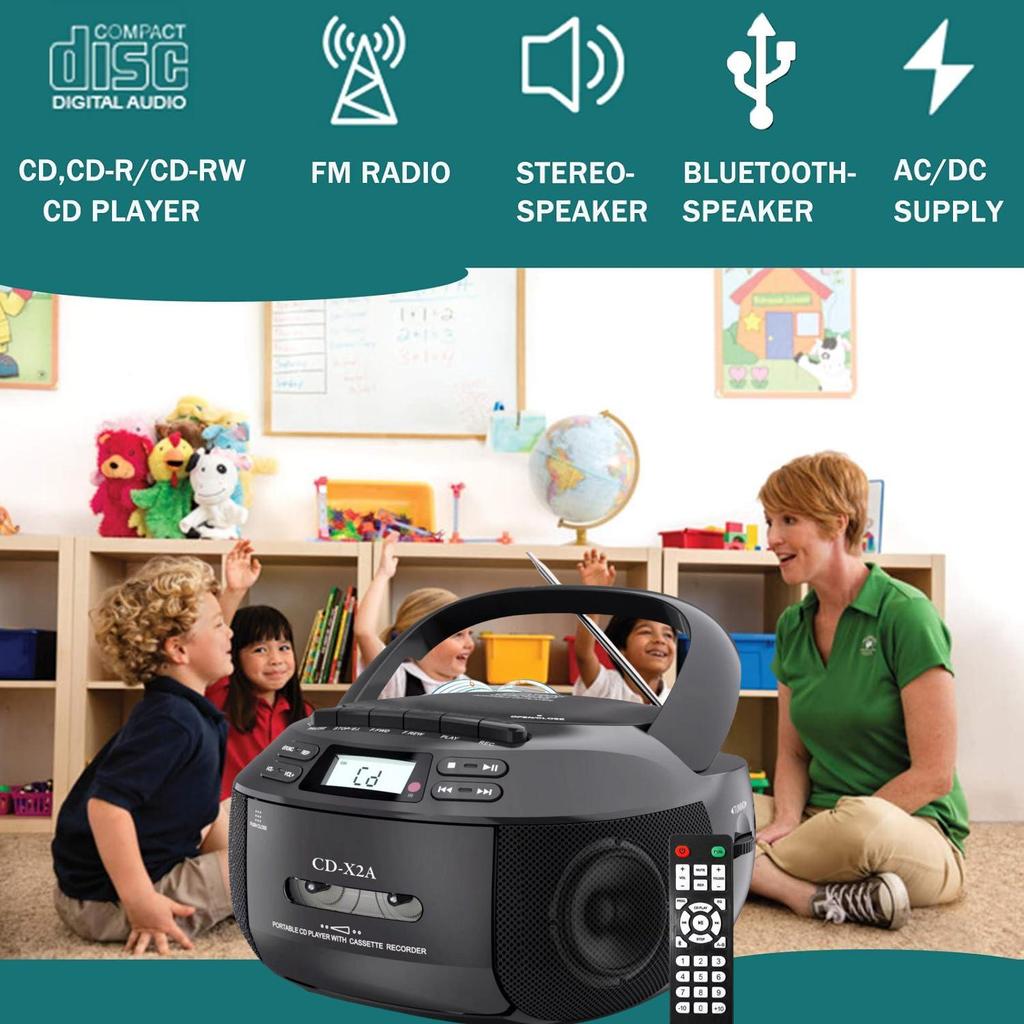 Портативное Bluetooth кассетное радио и CD-плеер с USB, функцией записи и повтора A-B