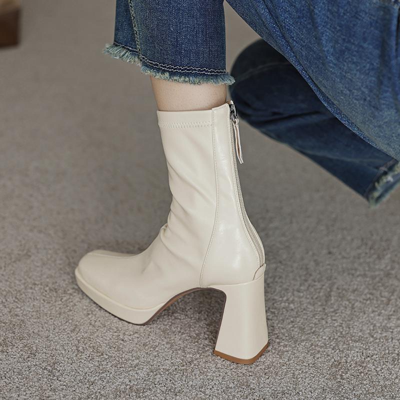 Krazing Pot Microfiber Autumn Winter Shoes Thick High Heels Platform Boots Square Toe Keep Warm Zipper Ankle Boots