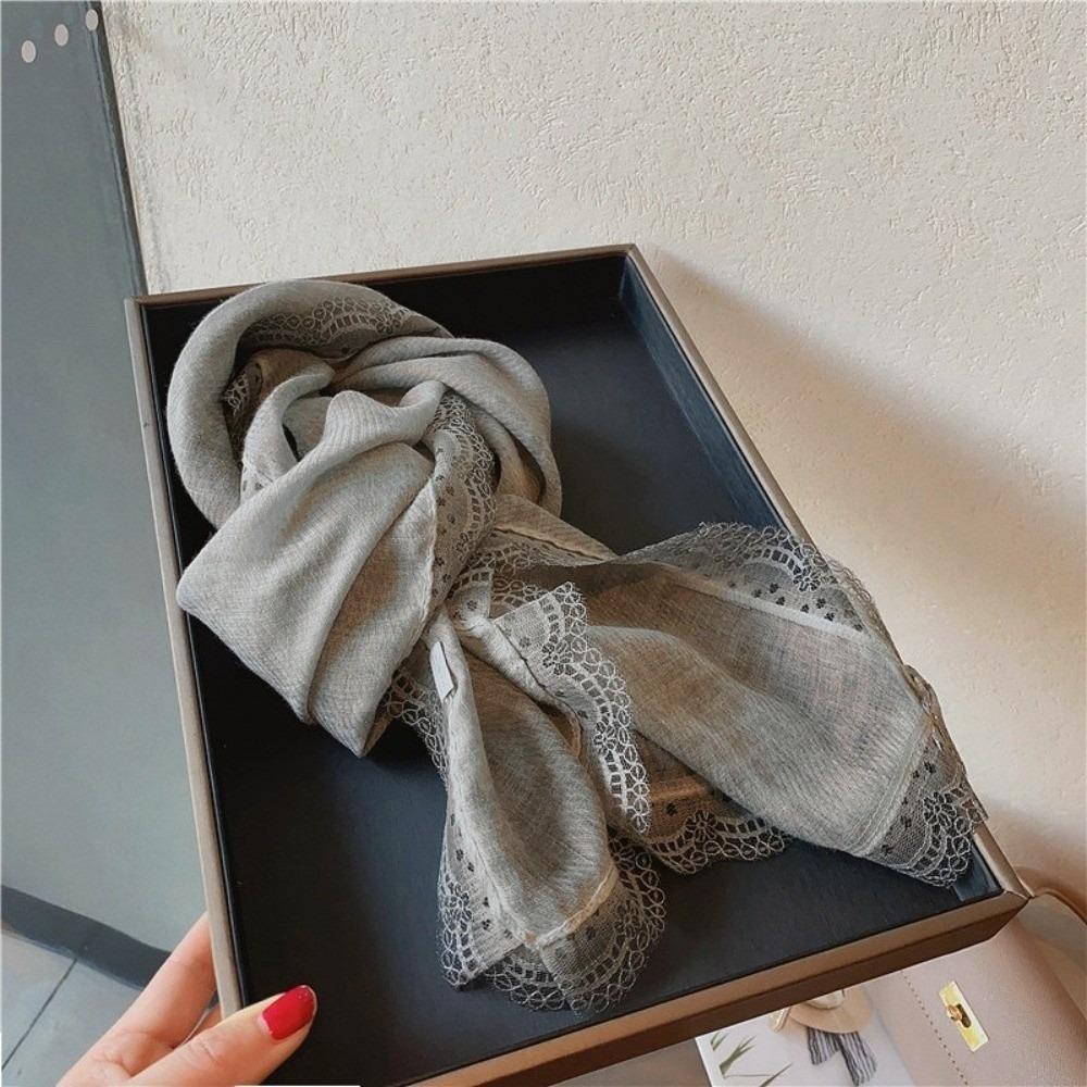 Solid Color Cotton Linen Scarf Lace Edge Silk Scarf Literary Flaxen Lace Scarf  for Women