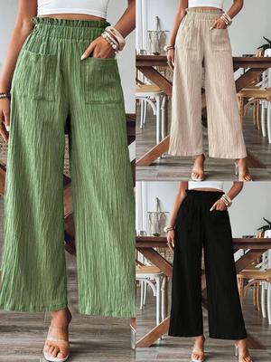 Женские однотонные повседневные брюки прямого кроя, свободные, элегантные, с эластичной талией, весенне-осенние, с карманами