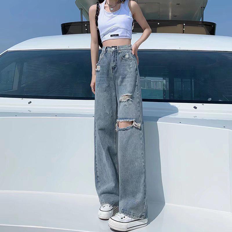 2024 Women's High Waist Ripped Jeans - Summer Thin, Loose Fit, Wide Leg, Mopping Style