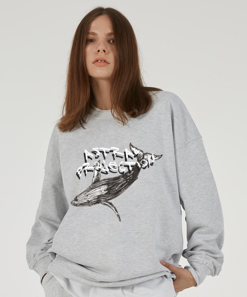 ASTRAL PROJECTION Whale Oversized Drop Shoulder Sweatshirt_White Melange