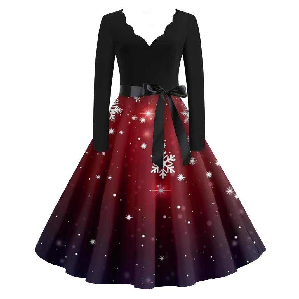 Женские модные повседневные тонкие рождественские платья с длинным рукавом с v-образным вырезом и принтом