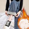 Women's Winter Padded and Thickened Wide-legged Jeans Students Straight Mid-waist Warm Trousers