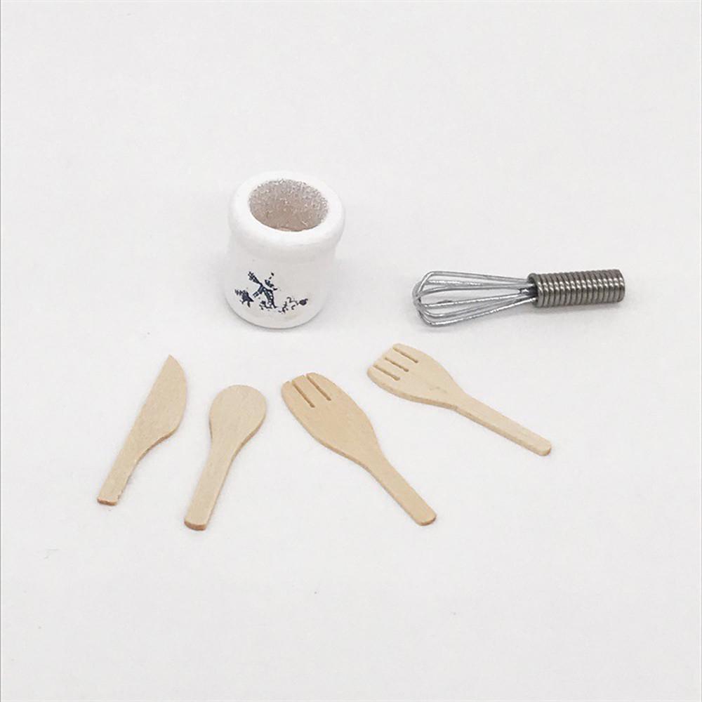 Wooden Kitchen Fork Metal Whisk Jar Set Dollhouse Miniatures 1:12 Accessories