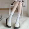 Lolita Lace Frill Mid-Calf Socks with Bow Ribbon - White Ballet Style JK Knee-Highs for Spring & Autumn