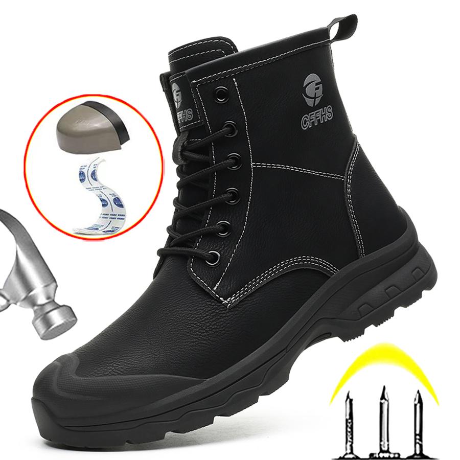 Модные высокие ботинки Рабочие ботинки Неразрушаемая обувь со стальным носком Водонепроницаемые защитные ботинки Прокалываемые антиожоговые мужские кожаные ботинки