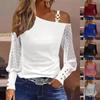 Женская модная повседневная футболка с косым воротником и кружевной строчкой, с длинными рукавами и открытыми плечами, топ