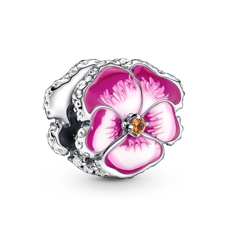 Charms Heart Beads Pink Dangle Charm Flower Pendant Diy Jewelry Fit Original Copper Bracelet Necklace Clip