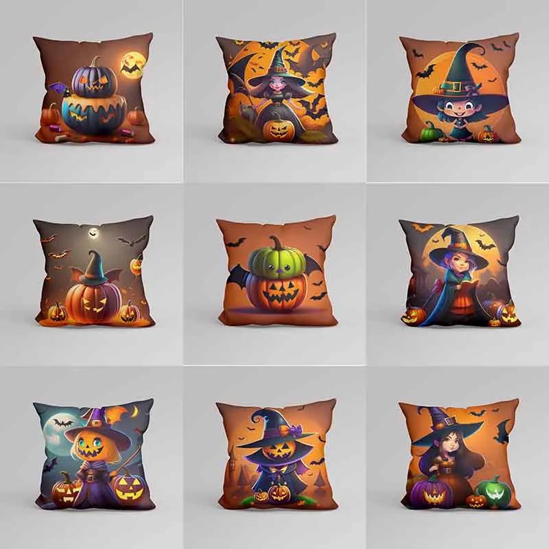 Office Sofa Cushion Cover Cartoon Witch Pumpkin Halloween Pattern Pillow Cover Luxury Home Decor Cushion Cover