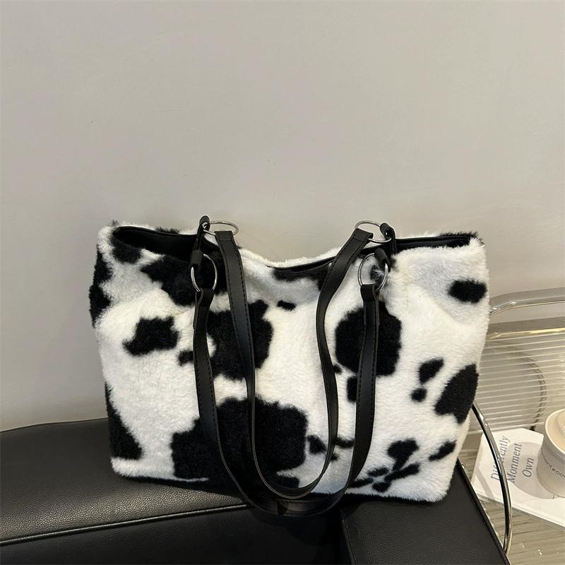 Yogodlns Large Capacity Shopper Bags For Women Winter Travel Tote Bag Cow Printing Plush Shoulder Bag Ladies Designer Handbag