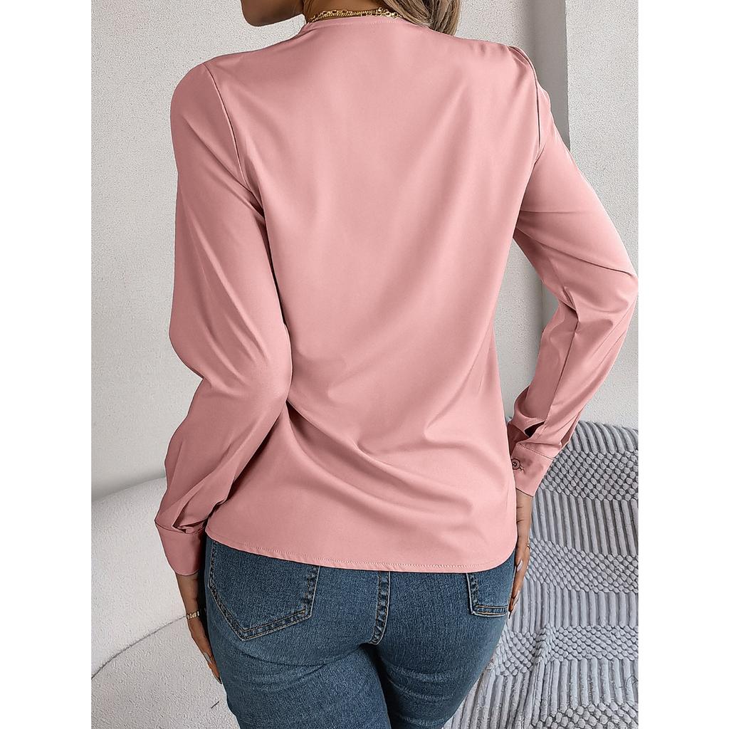 GMXIA Elegant Solid-color Layered V-neck Long-sleeved Women's Shirt for Autumn and Winter