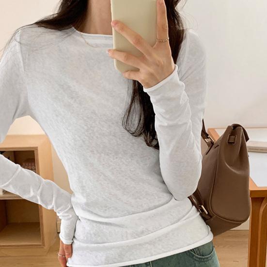 Women T-shirt Round Neck Long Sleeve Slim Fit Solid Color Tops Soft Stretchy Tee Shirt Work Party Casual Wear