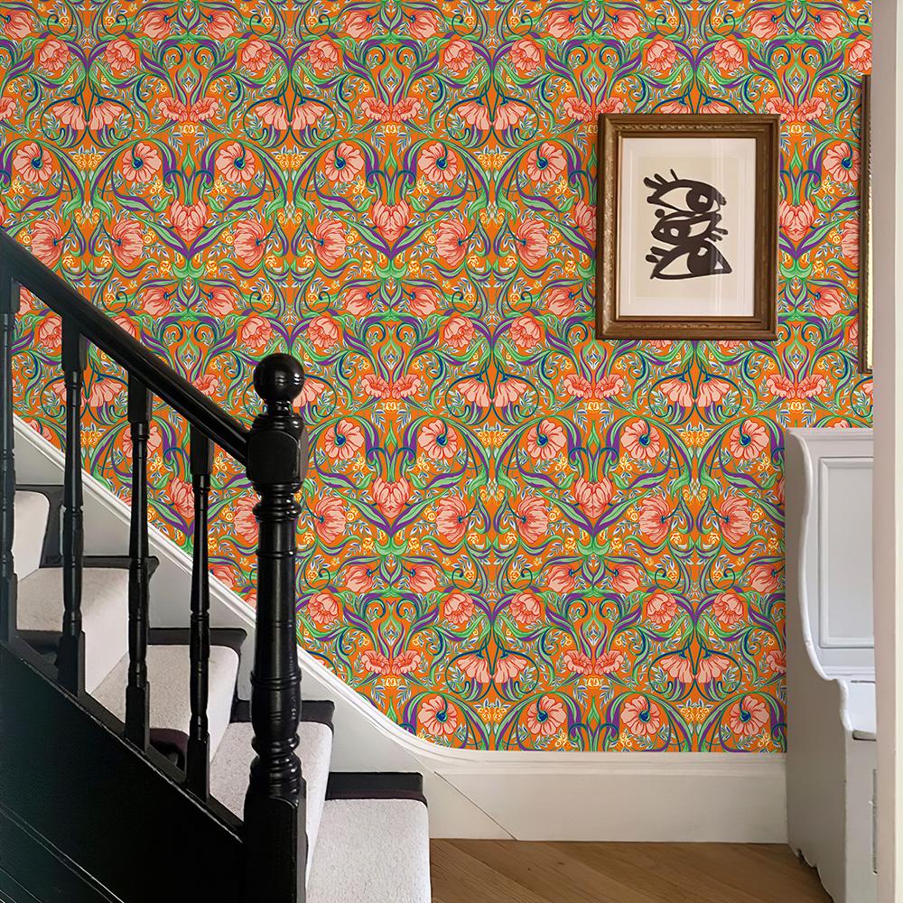 Оранжевые Бохо Цветы Виниловые Обои Ретро Самоклеящаяся ПВХ Наклейка для Шкафа Шикарный Водонепроницаемый Декор для Стен Кухни и Ванной