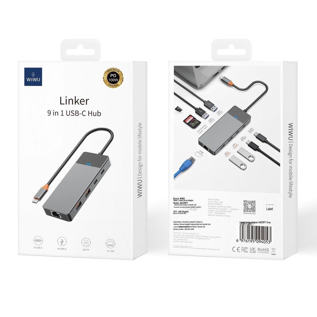 Многопортовый USB-C хаб WIWU: 4 USB, 100 Вт PD, USB-C 3.1, SD/TF, LAN-адаптер