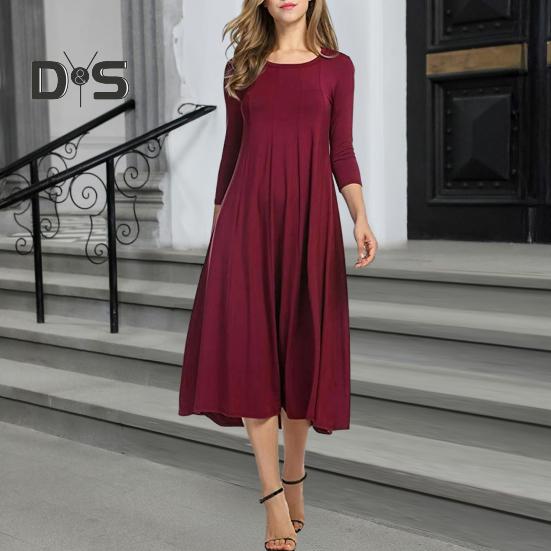 Женское плиссированное платье А-силуэта миди с рукавами 3/4 и круглым вырезом, свободное платье для летнего пляжного отдыха, струящийся сарафан