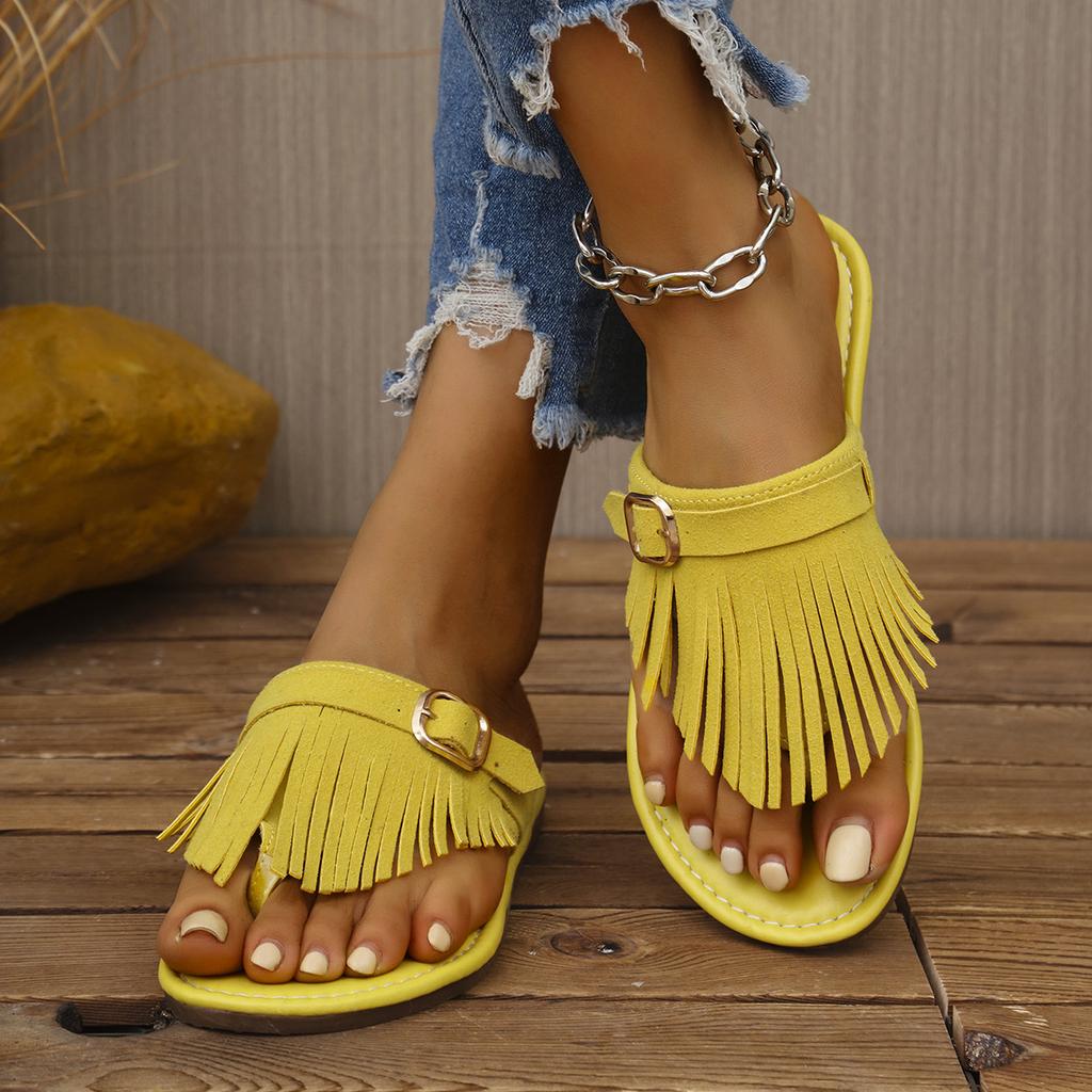 Fashion Large Size Flat Bottom Clip Toe Slippers Women 2025 New Tassel Belt Buckle Decoration Outer Wear Beach Slippers Casual Shoes