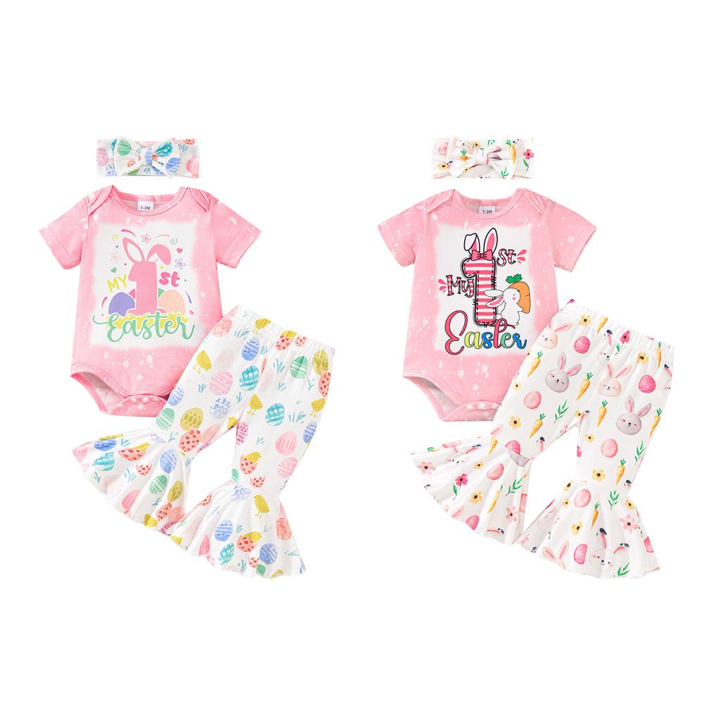 Наряд для девочки на Пасху, комбинезон с короткими рукавами, расклешенные брюки с принтом яиц, повязка на голову с бантом, комплект из 3 предметов