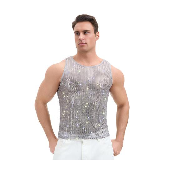 Мужской блестящий жилет со стразами, прозрачная сексуальная майка с круглым вырезом без рукавов для музыкального фестиваля, рейва, ночного клуба, бара, вечеринки