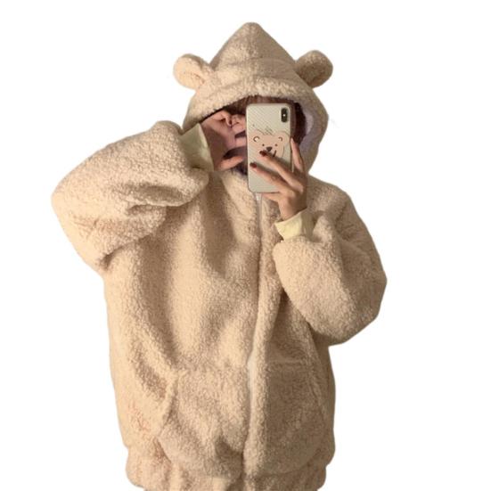 Медвежьи уши Декор с капюшоном и длинными рукавами, карманами на молнии, флисовая куртка, женское зимнее теплое пальто из искусственной овечьей шерсти