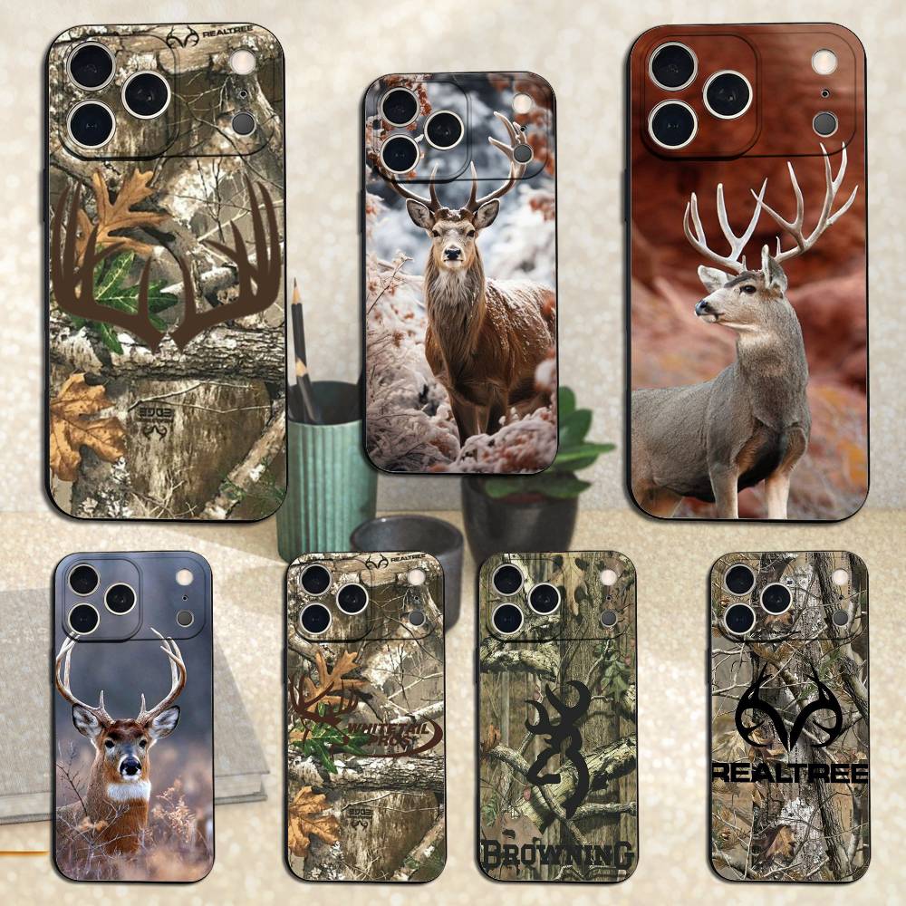Deer Hunting Camos For iPhone 12,16,11,14,15,17,13,X,Mini,SE,XS,Plus,Pro Max,8,7,XR,Soft Silicone Black Case