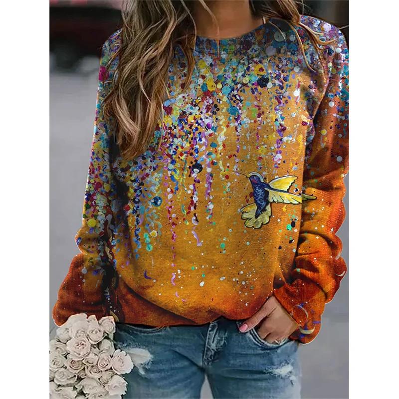 Harajuku 3D Birds Print Colorful Long Sleeve T Shirt Pullovers Women Fashion Streetwear Tops Spring Girls Floral Graphic Clothes