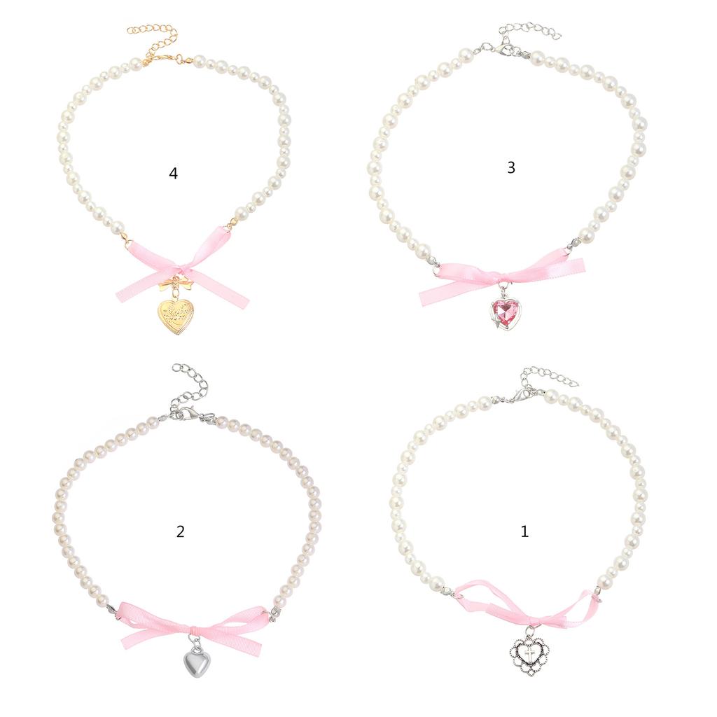 Elegant Heart Bowknot Pearl Pendant Necklace for Women Sweet Versatile Choker Charm Necklaces Fashion Jewelry Gift
