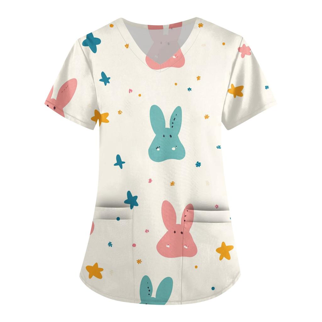 Женская модная рабочая одежда с V-образным вырезом и короткими рукавами, с карманами, с принтом в виде пасхального топа, одежда для ухода