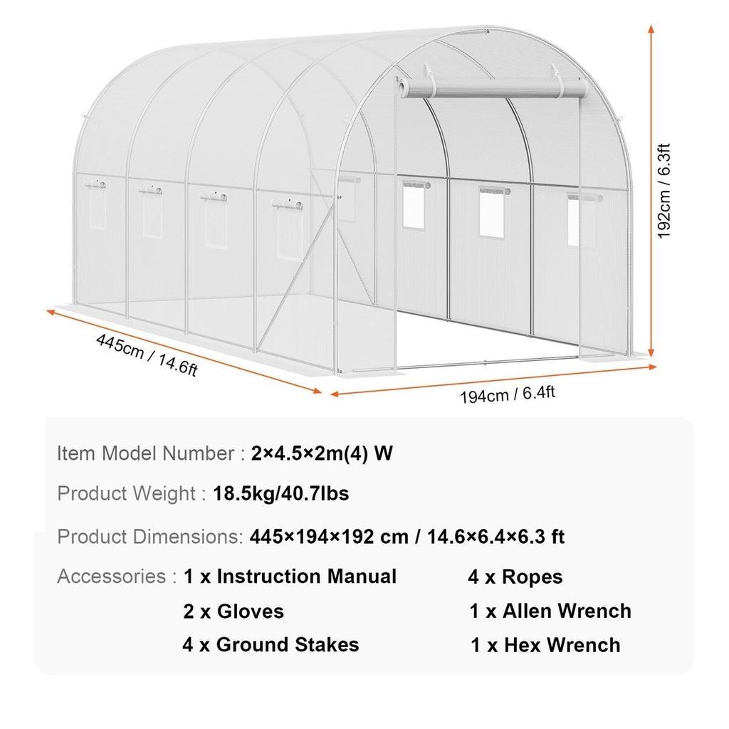 Walk-in Tunnel Greenhouse 14.6x6.36x6.3ft Galvanized Frame PE Cover White