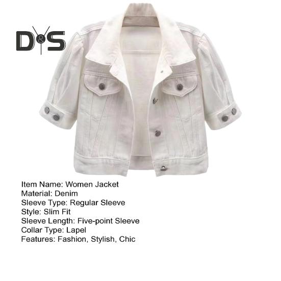 Women's Cropped Denim Jacket Short Sleeve Jean Jacket Lapel Button Down Trucker Coat Summer Casual White Thin Top