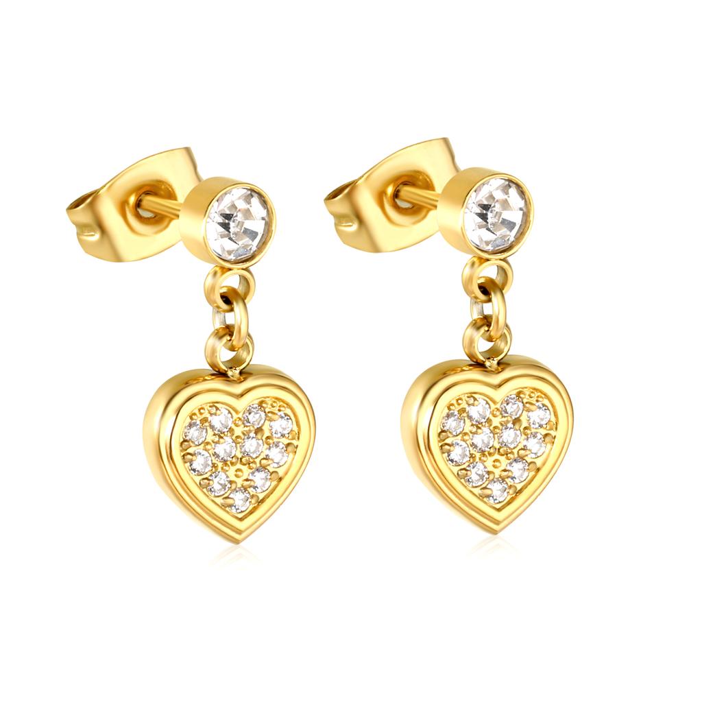 Delicate and Sweet Heart-shaped Diamond-studded Earrings for Women, Stainless Steel with Gold Plating Luxury Fashion Jewelry