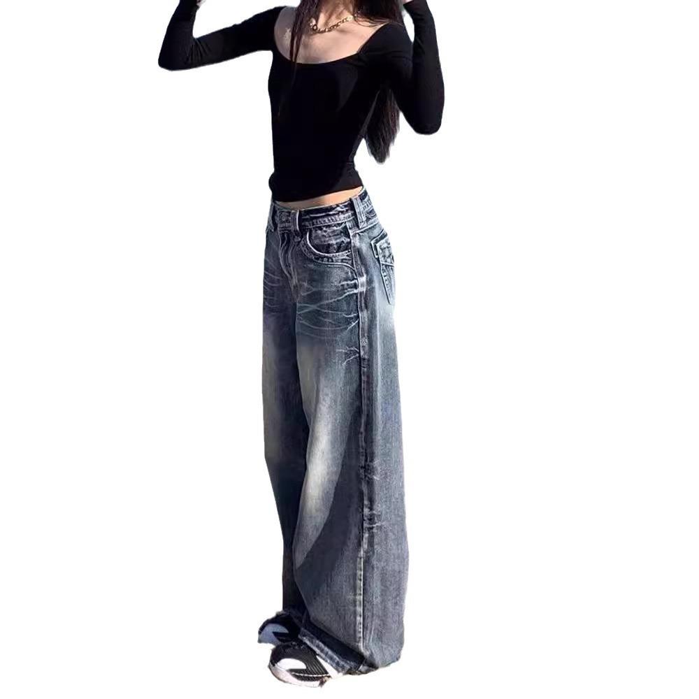 American retro washed wide-leg jeans y2k street cat whisker pattern design sense loose straight mopping trousers women