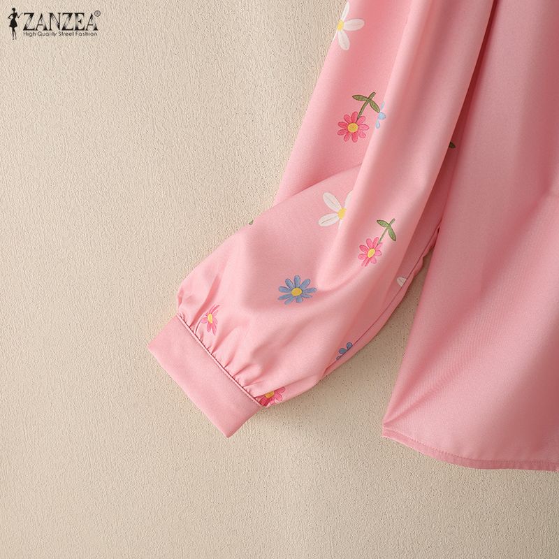 ZANZEA Женская повседневная блузка с круглым вырезом, цветочным принтом и длинными рукавами