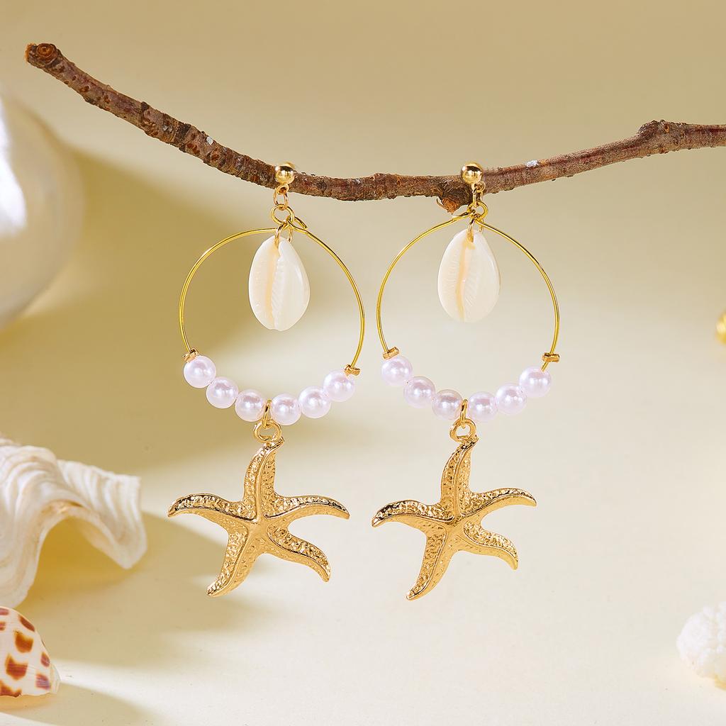 Imitation Pearl Starfish Shell Fringe Earrings Summer Pendant Earrings Beach Vacation Style Accessory Fashion Daily Accessory