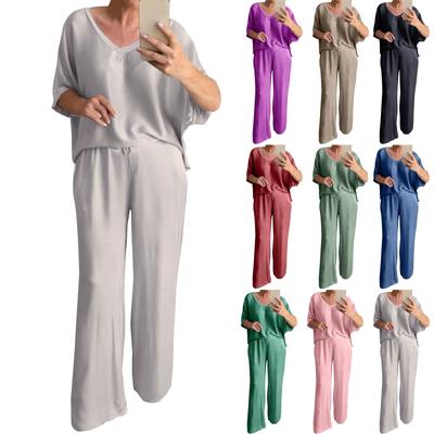 Женский свободный пуловер с v-образным вырезом, повседневный модный костюм с длинными брюками и короткими рукавами