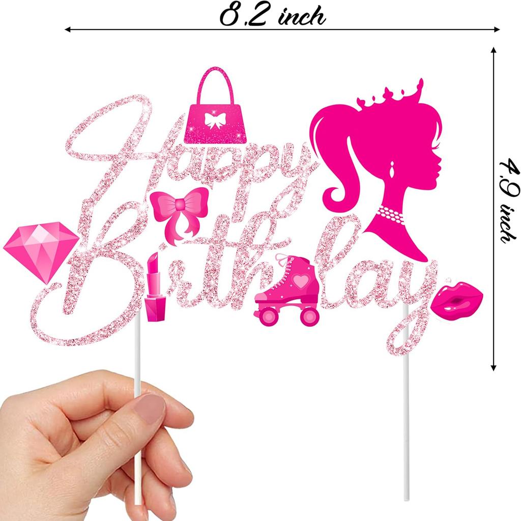 Hot Pink Princess Happy Birthday Cake Topper Pink Birthday Party Decoration for Girls Women Birthday Bridal Shower Bachelorette