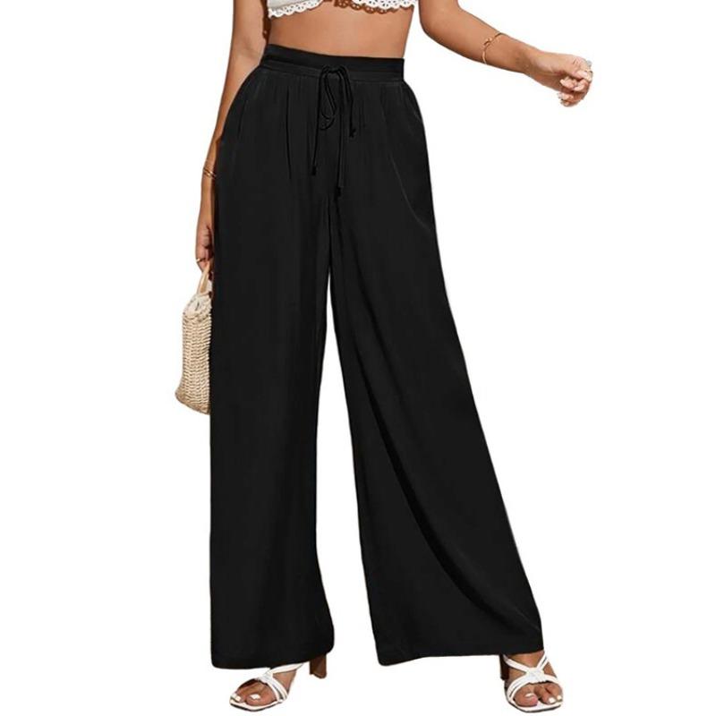 Summer Women's High Waist Casual Pants Solid Color Elastic Waist Strap Loose Wide Leg Pants for Women